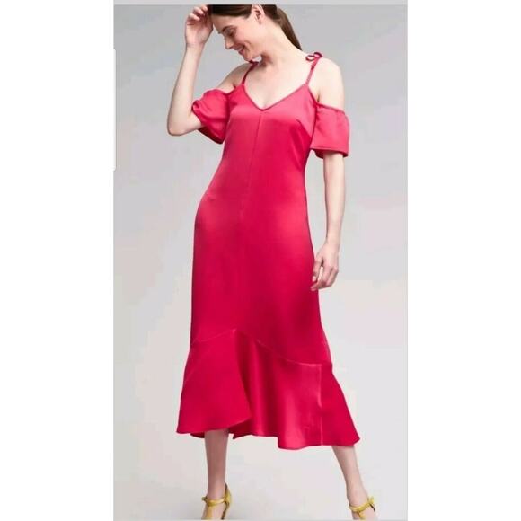 New Anthropologie x Seen Work Kept Satin Open Shoulder Midi Dress $168 Size 6 - Picture 2 of 7